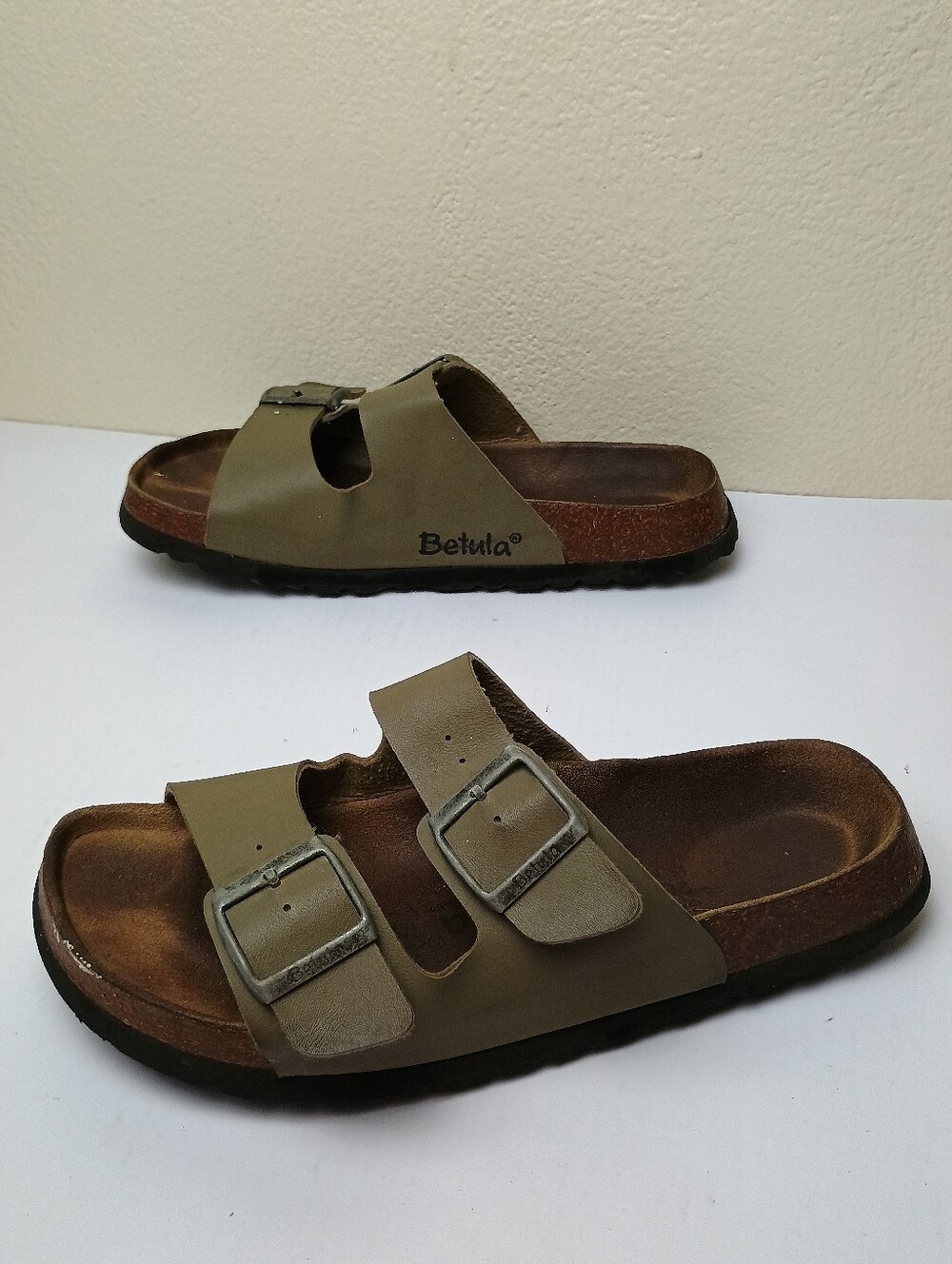 Birkenstock Betula Ladies 9/M-7 Olive Two-Strap Green Dual-Buckle Slide Sandals